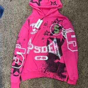 Bright Pink Graphic Hooded Sweatshirt with Star Accents